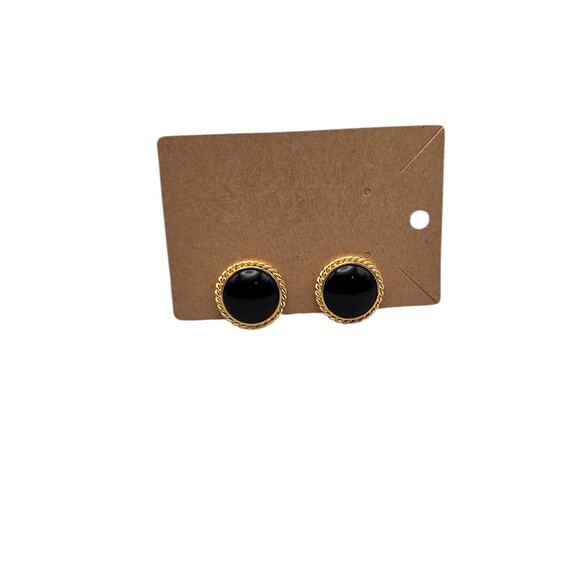 Black Cabochon Domes Vintage Gold-Tone Clip-On Earrings - Picture 4 of 5